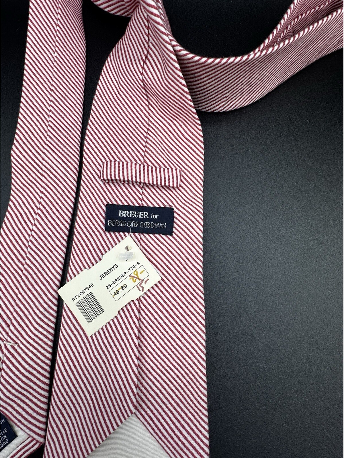 Breuer For Bergdorf Goodman Men’s Tie Red White Stripe Silk Cotton Italy Nwt — image 4 of 8